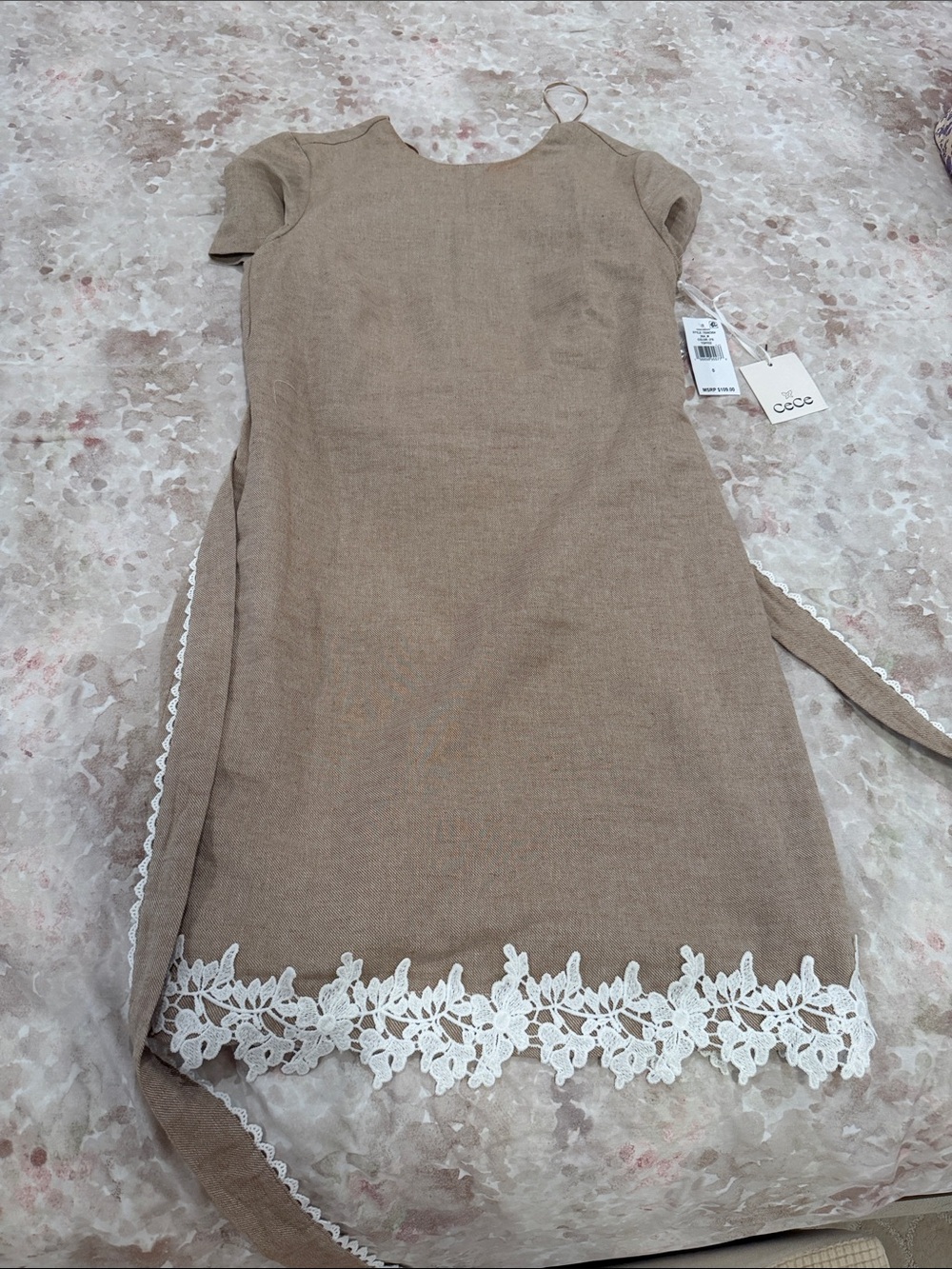 CeCe Tan Dress with White Lace Hem